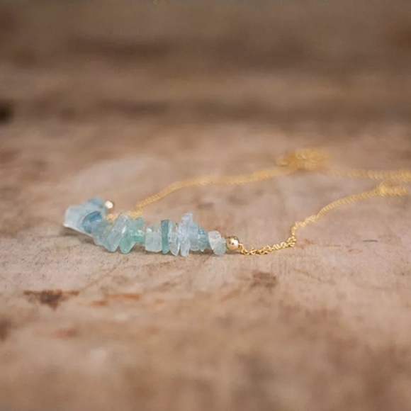 RAW AQUAMARINE on gold plated chain. Beautiful & dainty. Aries stone March - Picture 4 of 4